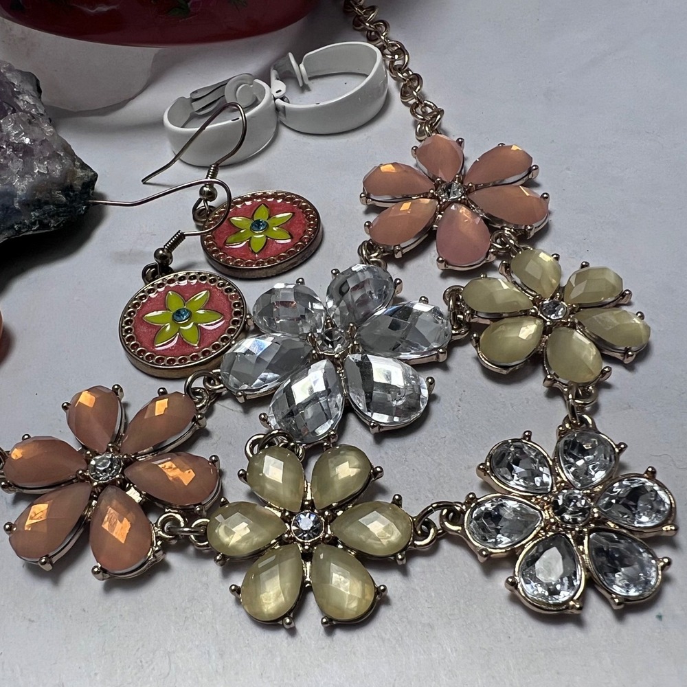 vtg - Modern Jewelry Orange Flowercore Bib Necklace Enamel Earrings Bangle‎ Cuff - Picture 2 of 16